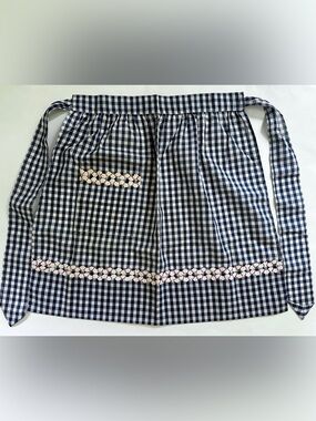 Vintage Half Apron Navy Gingham Check White Rick Rack Red Stitching Pocket EUC